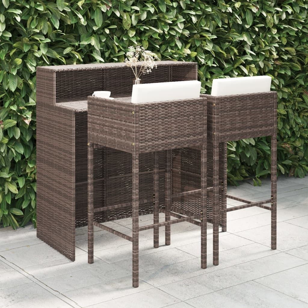 ZMH 3-tlg. Gartenbar-Set mit Kissen Poly Rattan Braun