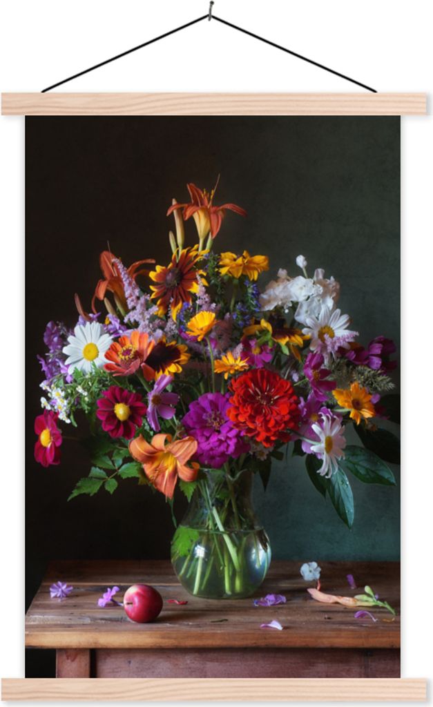 MuchoWow Textilposter Farben - Blumen - Stilleben 120x180 cm mit holzfarbenen Rahmen - Textil-Plakat