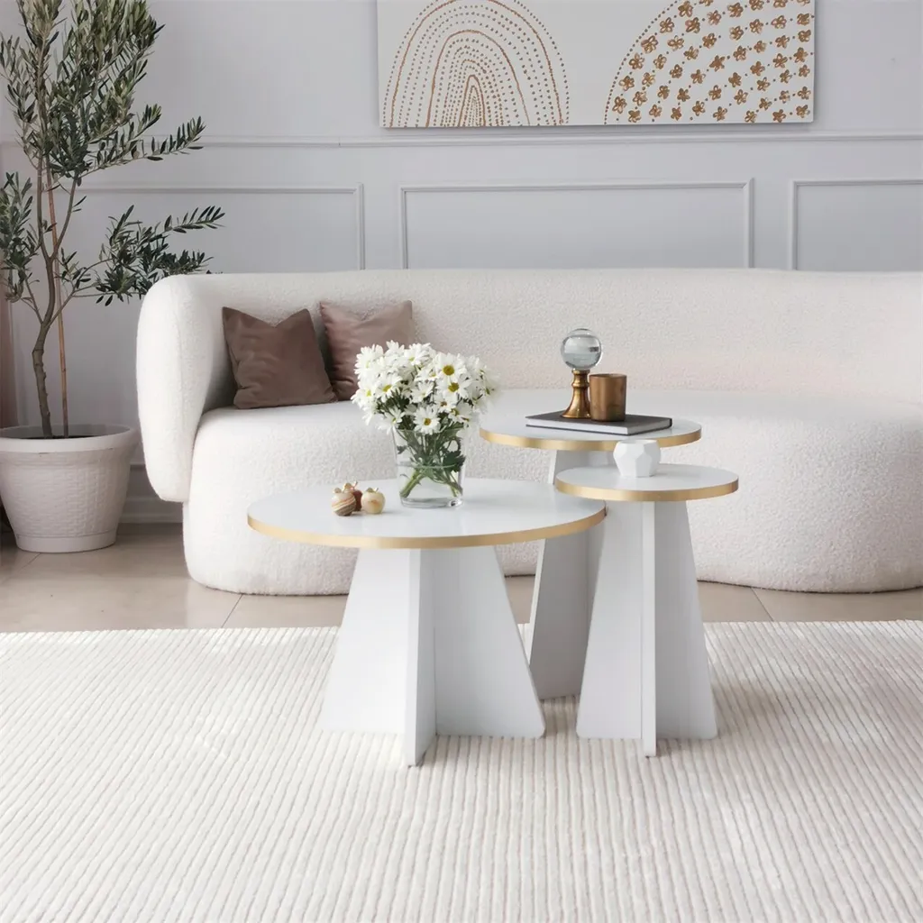 Table Basse Mushroom 2 Set de Table d'Appoint Design Or et Blanc Chic