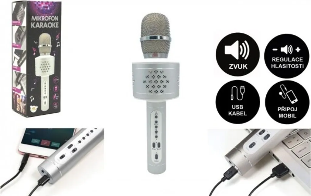 Microphone Karaoké Bluetooth Argenté avec Câble USB et Port Pile - 8