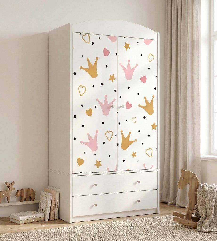 Großer Kinderschrank Weiß 88x187 cm Kleiderschrank Kinder mit Schubladen und Stange Kinderzimmer, bunte Aufkleber