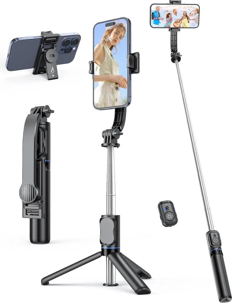 Canne à selfie 106cm avec télécommande Bluetooth et support amovible noir