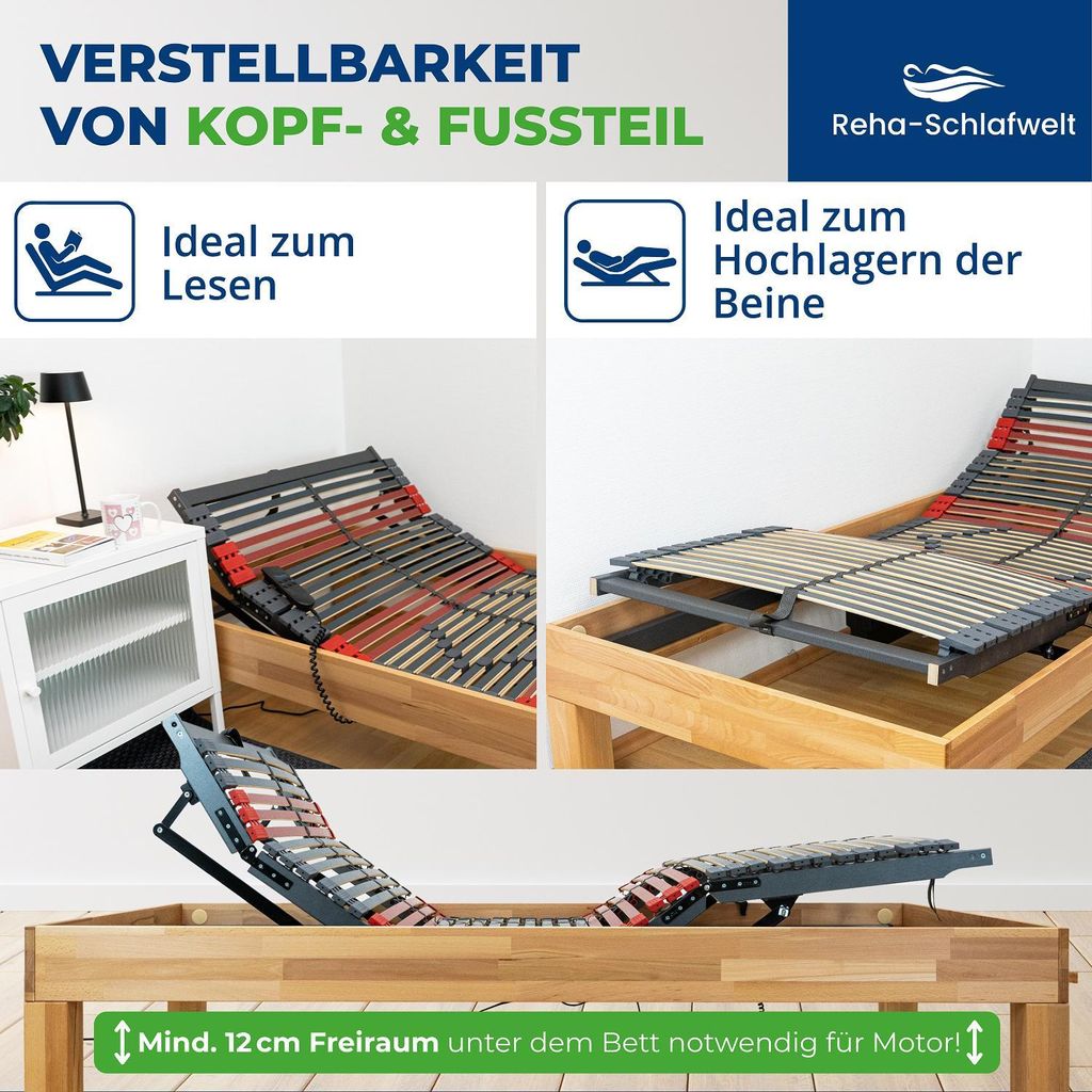 Reha-Schlafwelt elektrischer 7 Zonen Lattenrost RELAXANA KF mit Motor Kopf- Fußteil verstellbar 100x200 cm komplett montiert