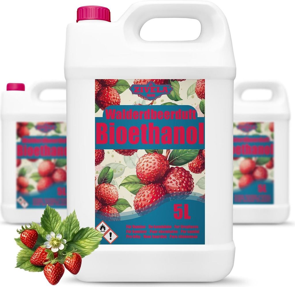 Bioethanol 96,6% 15L | Alkohol Walderdbeerduft 96,6% 3x5L | Bioethanol für Kamin, Tischkamin | Bioethanol Walderdbeerduft | Saubere Verbrennung, o...