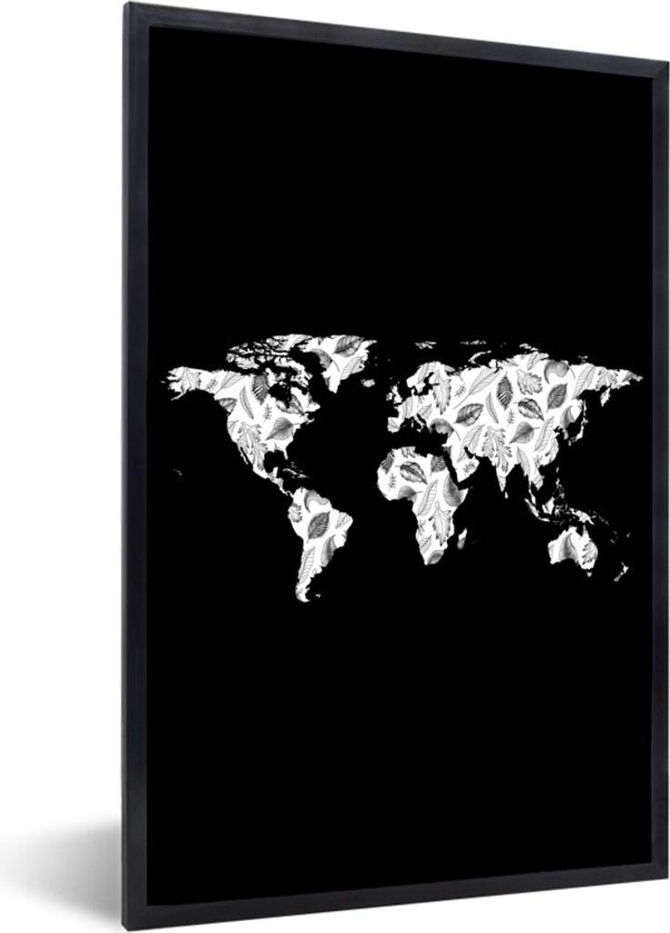 MuchoWow Gerahmtes Poster Weltkarte - Blätter - Design 20x30 cm - Poster mit Schwarzem Bilderrahmen Wandposter Rahmen Foto Bilder - Drucken - Bi...