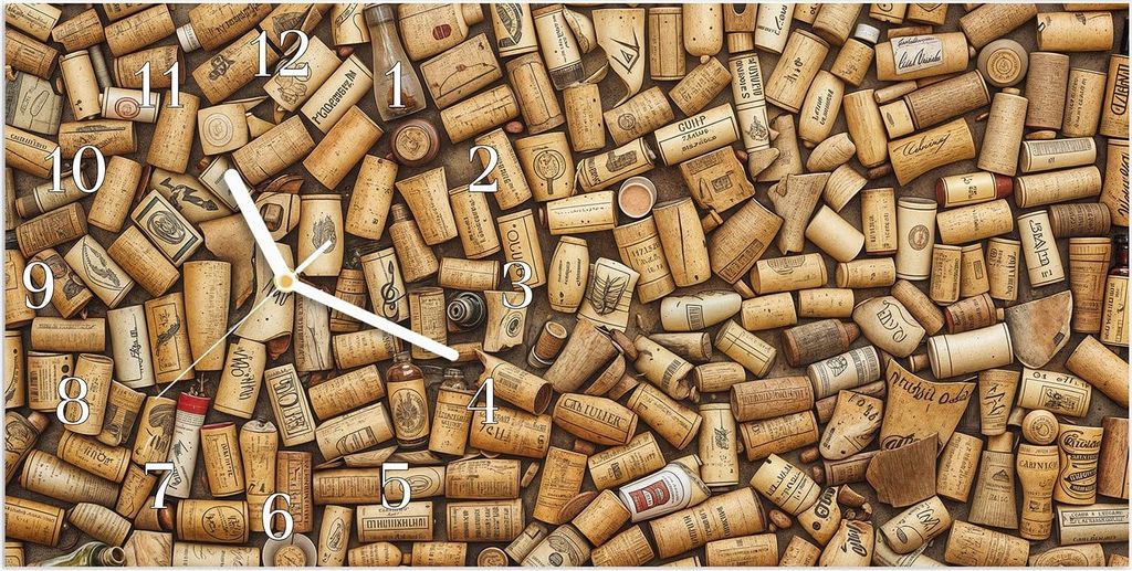 Wanduhr aus Glas mit Motiv Vintage Korken Sammlung- 60 x 30 cm - inkl. Aufhängesystem