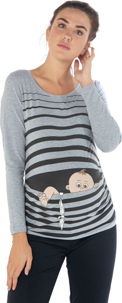 M.M.C. Umstandslangarmshirt Baby Flucht mit Motiv, S, Grau