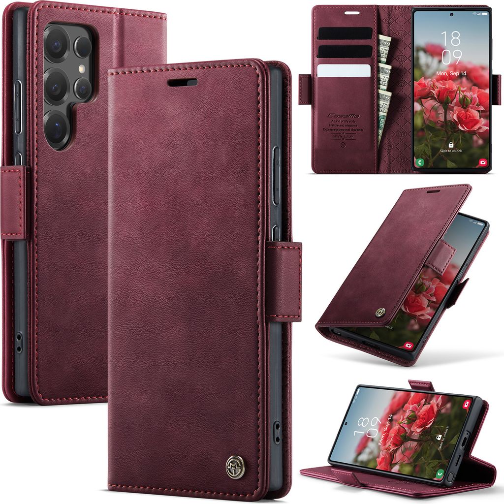 Handyhülle für Samsung Galaxy S25 Ultra Hülle Leder mit RFID Schutzhülle Klapphülle Magnet Kartenfach Standfunktion Rot