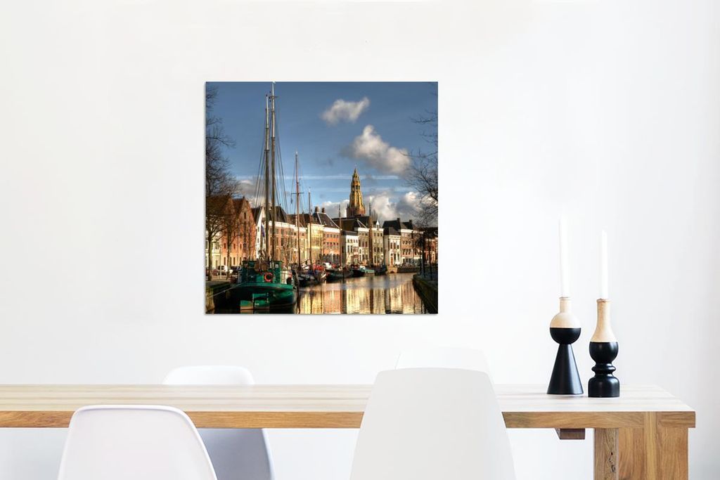 MuchoWow Wanddekoration Metall Metallbild Wandkunst 50x50 cm Groningen - Grachtenhaus - Segelboot MuchoWow Aluminium Gemälde - Alubild - Industrial