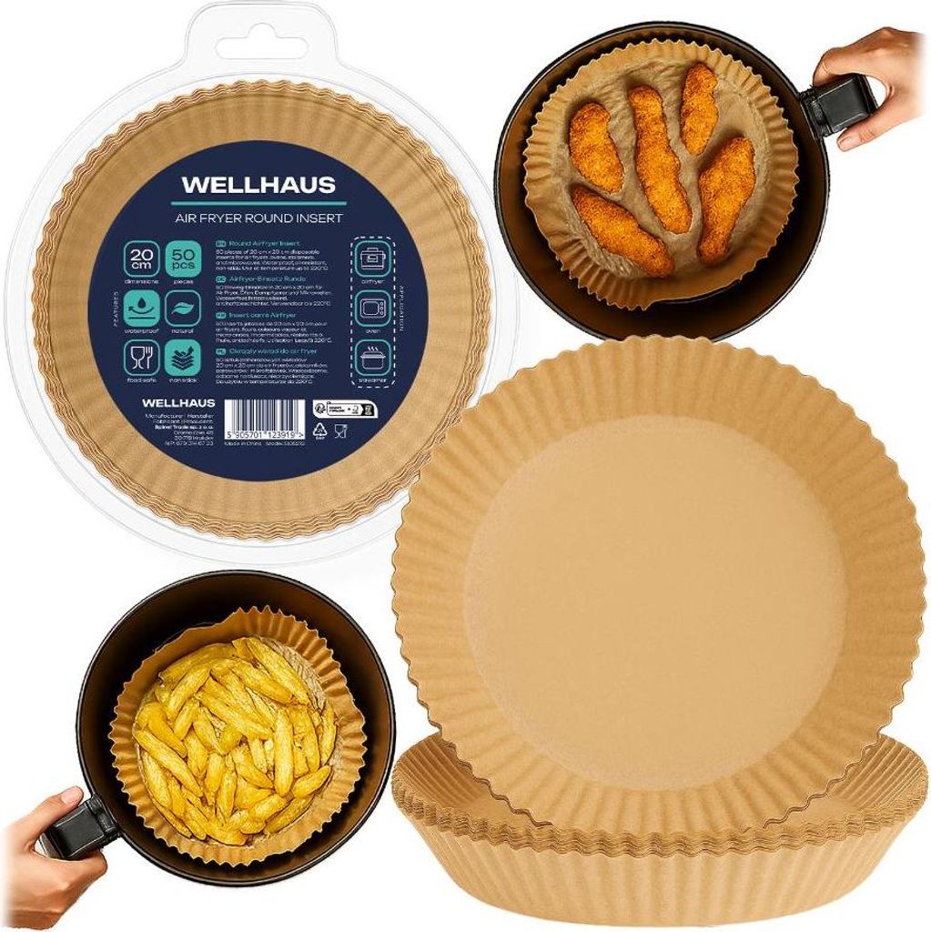WELLHAUS Backpapier für Heißluftfritteuse, 200 Stück Rund 20 cm Air fryer Backpapier Antihaft Einwegschalen Luftfritteuse Pergamentpapier