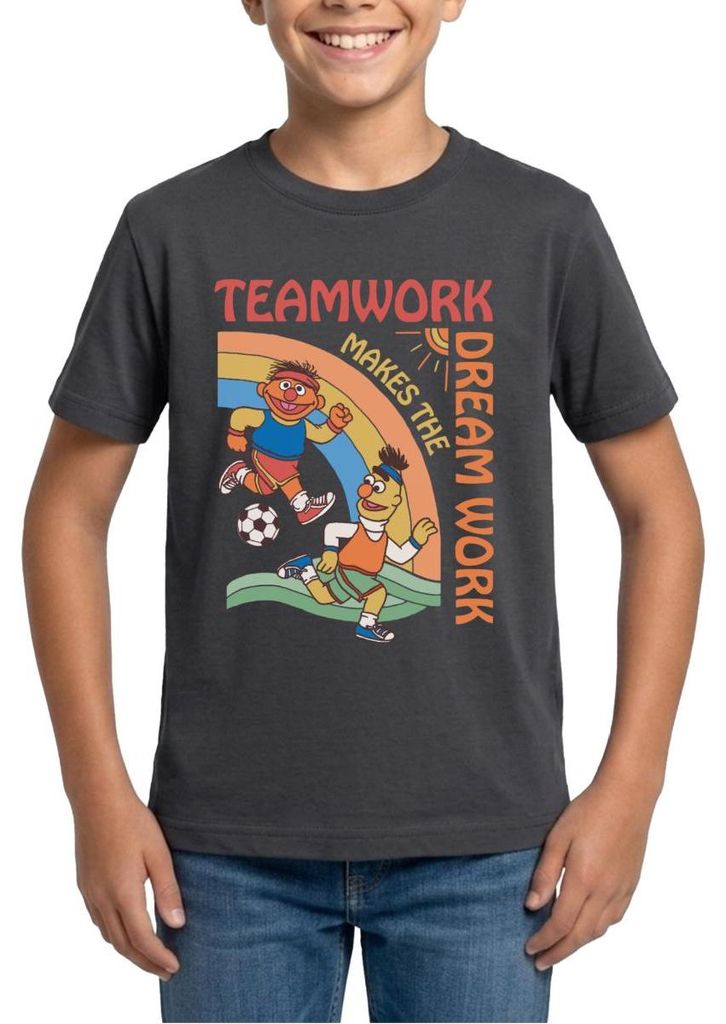 Spreadshirt Sesamstraße Teamwork Makes The Dream Work Mit Ernie Und Bert Teenager T-Shirt, 134/146 (9-11 Jahre), Dunkelgrau