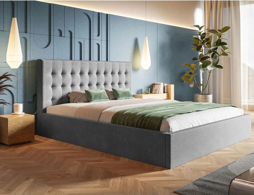 Polsterbett SIM 2 mit Kopfteil, 160x200 cm, Doppelbett mit Bettkasten und Lattenrost aus Holz, Velourstoff, Farbe: Hellgrau