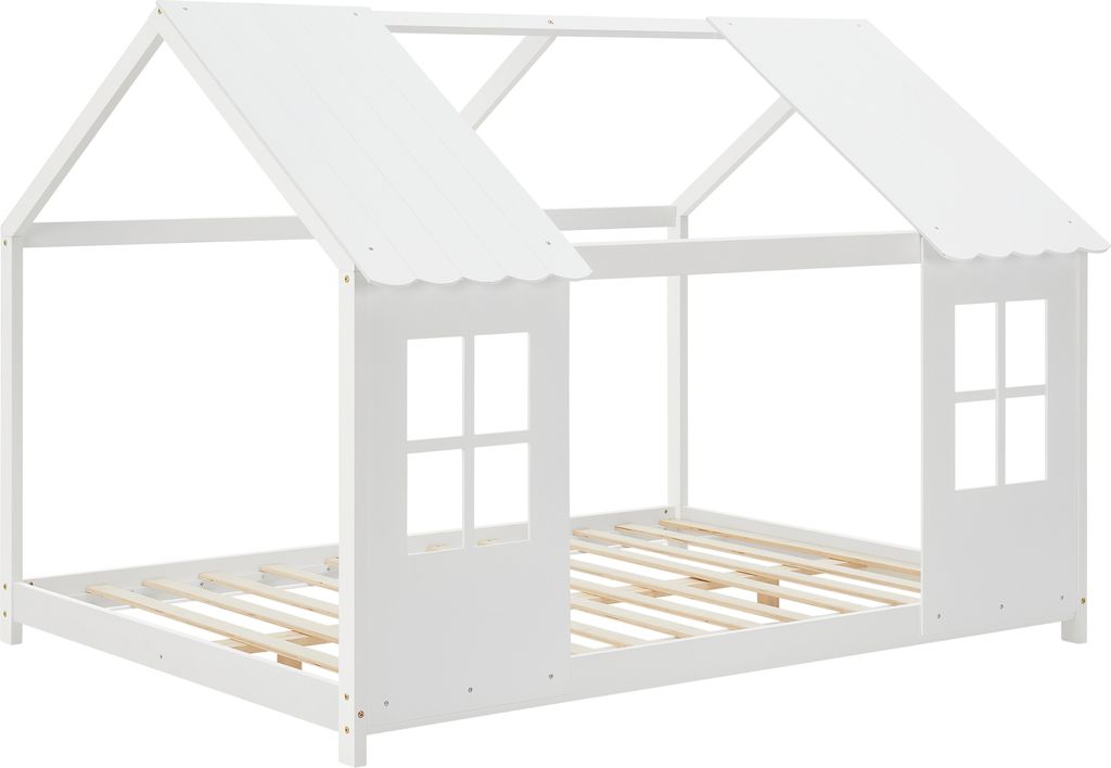 A white house-shaped bed frame with a slatted base and two window cutouts.
