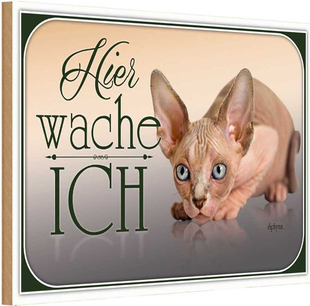 vianmo Holzschild 12x18 cm Katze Sphynx hier wache ich Tier Haustier