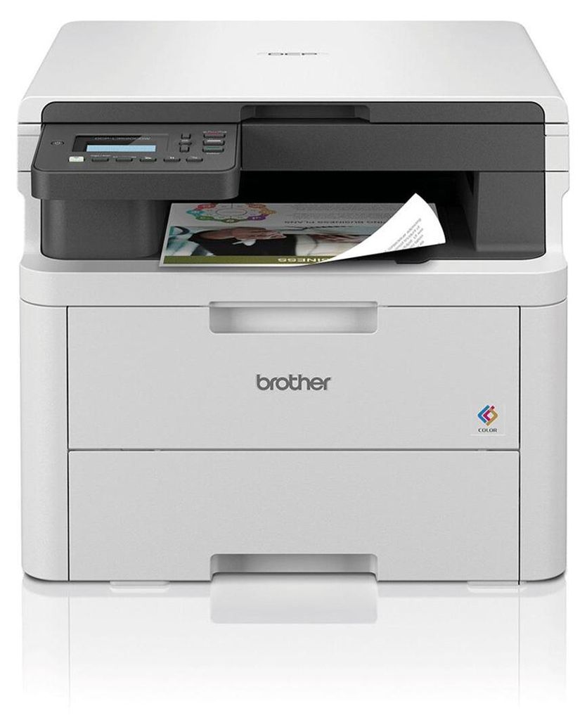 A white Brother DCP-L3520CDW 3-in-1 color laser multifunction printer is shown against a white background.