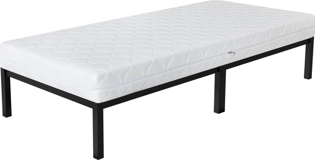 A single bed frame with a mattress on a white background.