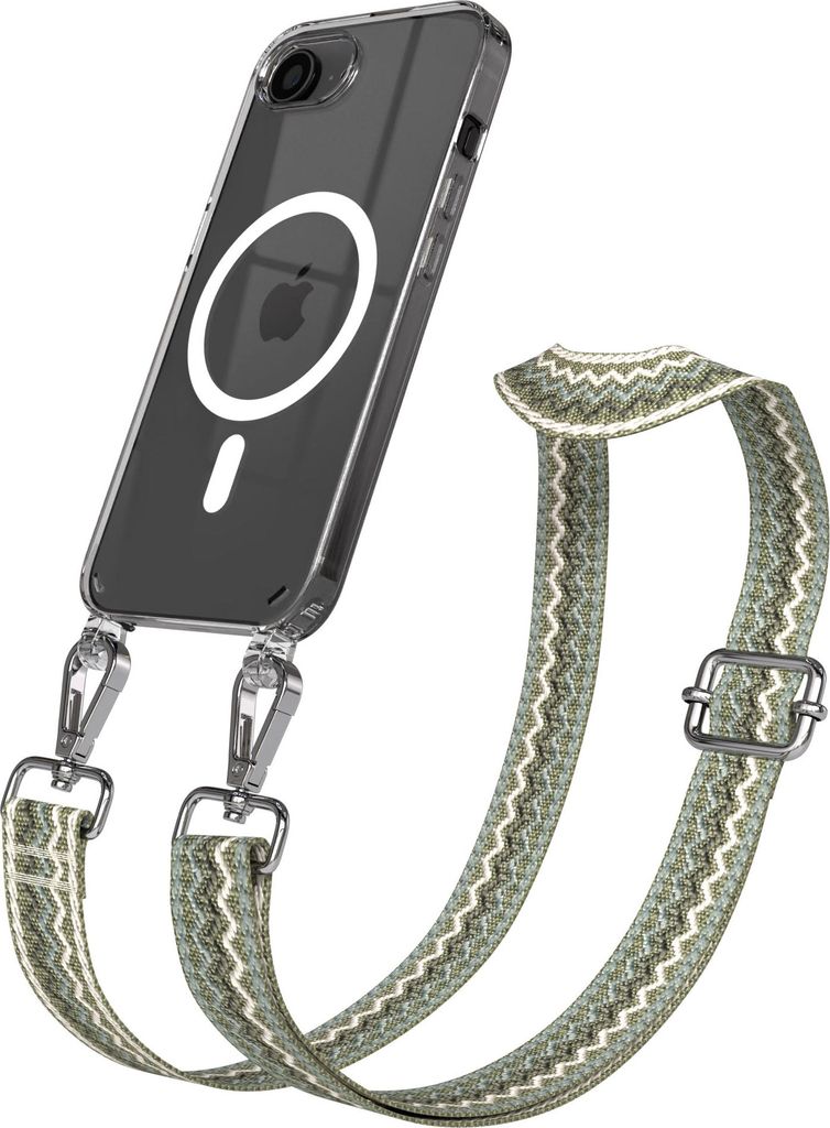 EAZY CASE - Handykette mit MagSafe Hülle für Apple iPhone 17e, Handyband Mix Style, Karabiner Silber, Umhängeband in Grün