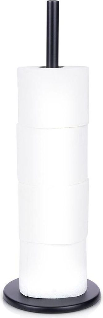 A black toilet paper holder with four rolls of toilet paper stacked on it, set against a white background.