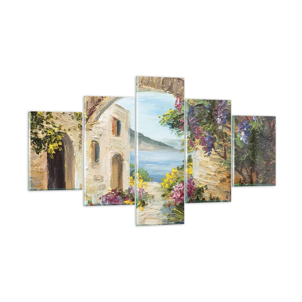Bilder auf glas - 5 Teile - Haus Santorini Blumen - 125x70cm - Glasbilder - Wandbilder - Bilder - zum Aufhängen bereit - Wanddekoration aus Glas -...