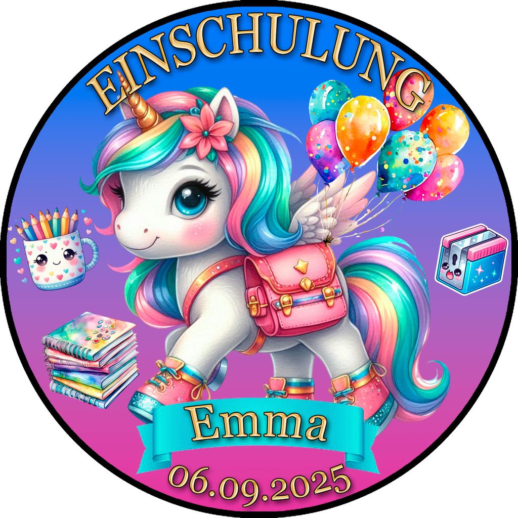 Tortenaufleger Tortendeko Fototorte Einhorn Regenbogen Einschulung Schulanfang Mein 1. Schultag Schuleinführung SE04 (Zuckerpapier) Rund 20 cm Ø ...