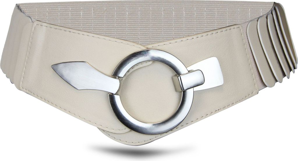 Elastischer Damen Taillengürtel, ca. 6 cm breiter Hüftgürtel mit silberner Ring-Schließe, Stretchgürtel, Hellbeige, Größe 75