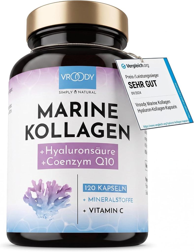 VROODY Marine Kollagen Komplex Kapseln mit Q10, Hyaluron & Produktbild 
