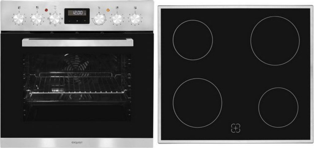 A split image showing a built-in oven on the left and a ceramic hob on the right.