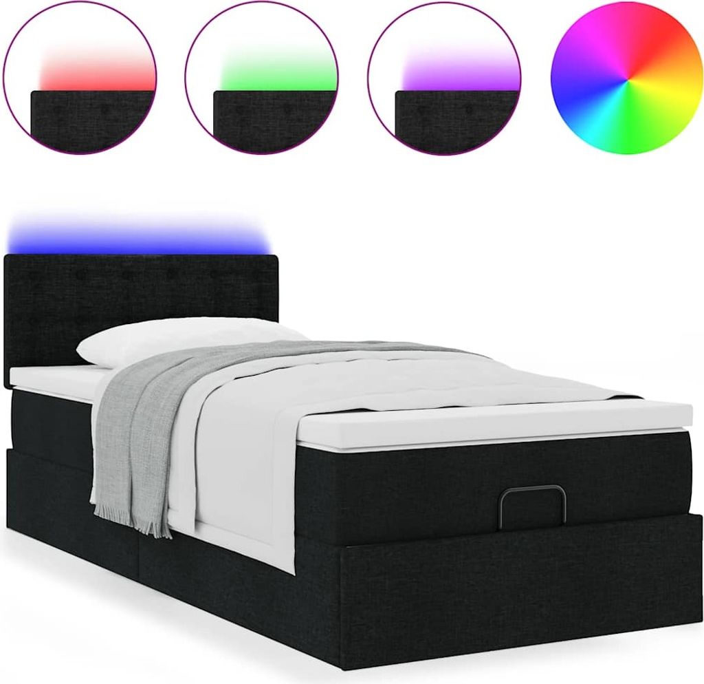 Ottoman-Bett mit Matratze & LEDs Schwarz 100x200 cm Stoff