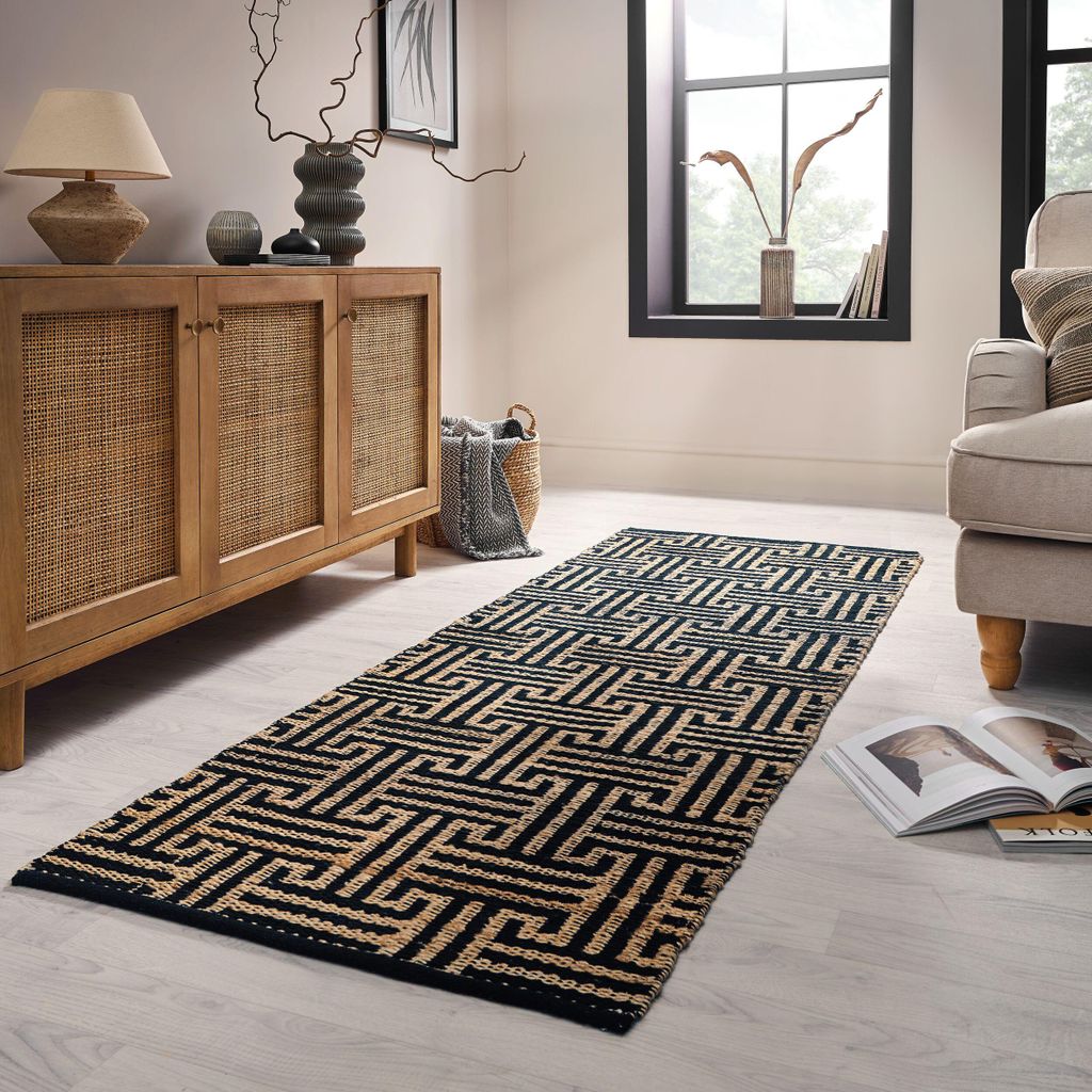 Teppich Flachgewebe Geometrisch, verflochtenes Linien, Flur Natur-Schwarz Läufer 80x230 | 59% Jute, 25% Baumwolle, 14% Polyester, 2% Viskose, ohne...