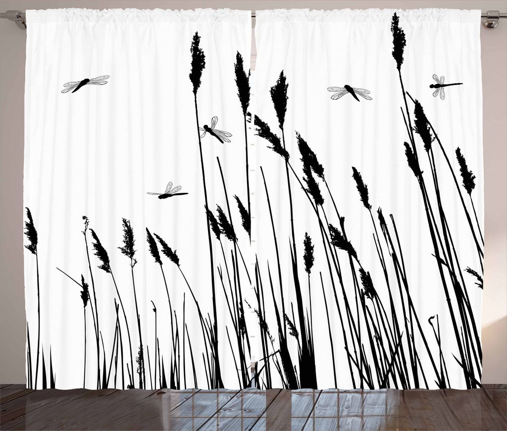 ABAKUHAUS Libelle Rustikaler Gardine, Weizen-Feld Herbst, Schlafzimmer Kräuselband Vorhang mit Schlaufen und Haken, 280 x 245 cm, Weiß Schwarz