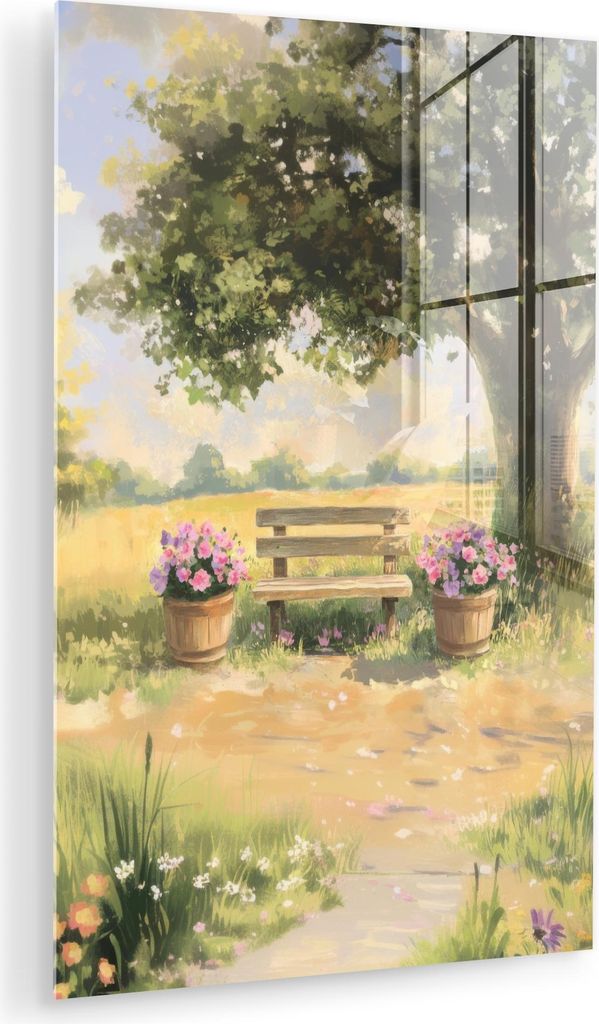 MuchoWow Glasbilder - Bilder auf Wandbild - Foto auf Glas Holzbank - Blumentöpfe - Landschaft 40x60 cm Wanddekoration aus Glas - Acrylglasbild - A...