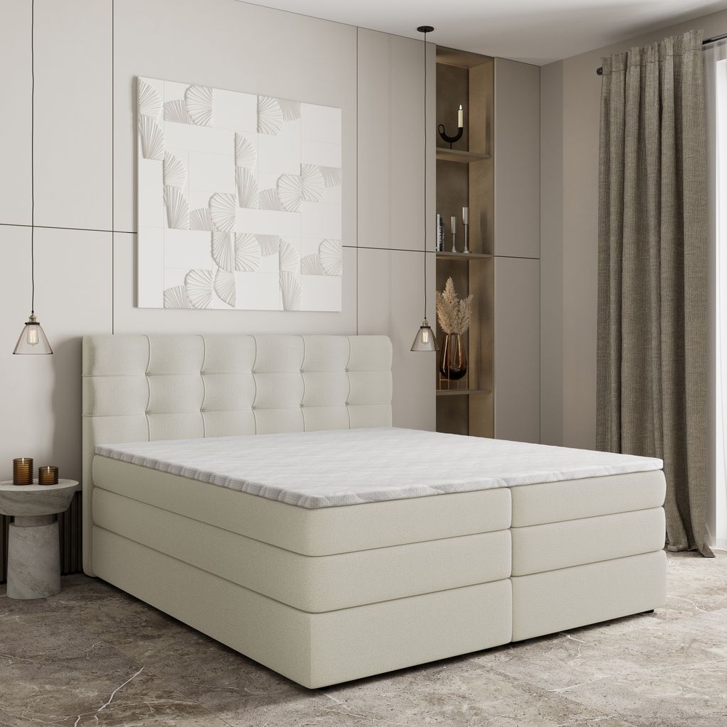 Masseno Boxspringbett AREZI 140x200 cm Komplett-Set mit Bonell Matratze und Topper, Polsterbett mit Bettkästen -Creme, SORO 02