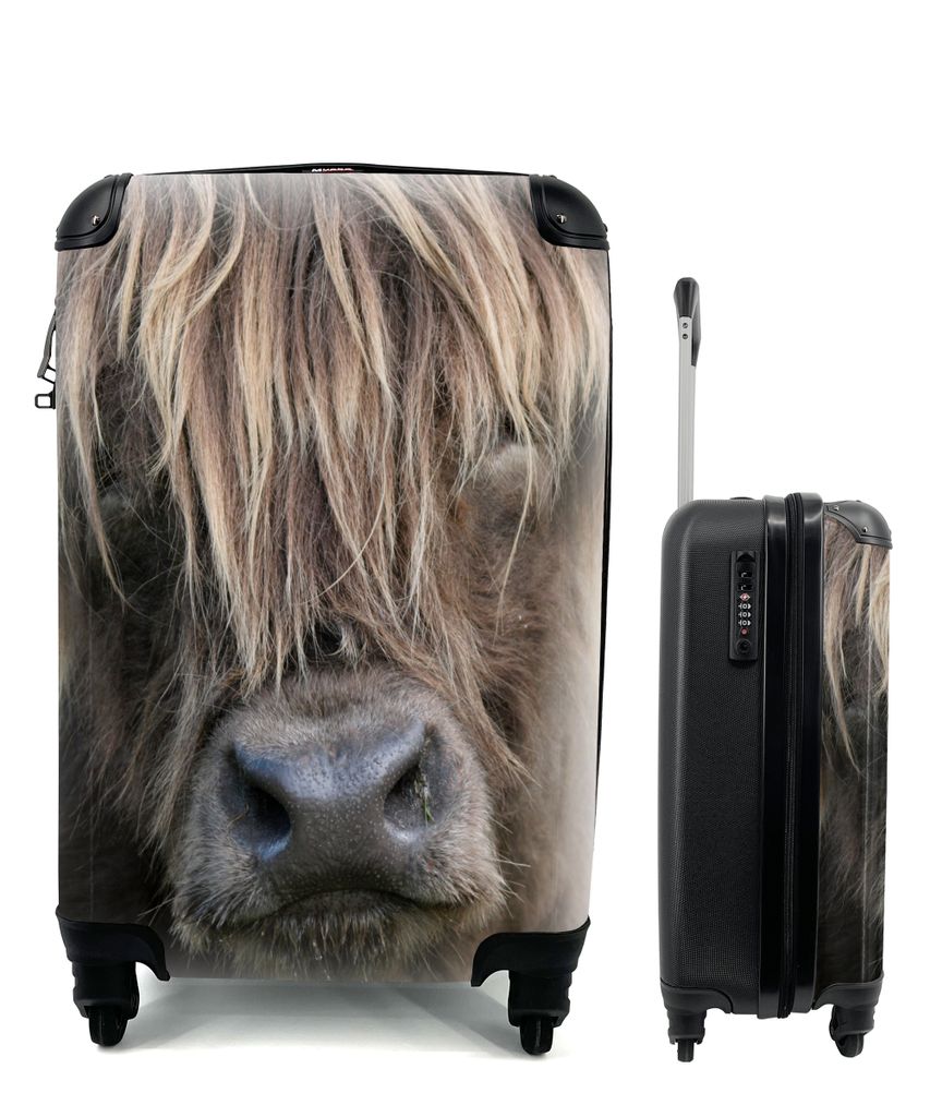 MuchoWow Koffer Handgepäck Trolley Rollkoffer Kleine Reisekoffer mit 4 Rollen - Schottischer Highlander - Braun - Nase - Cabin Size < 55x40x23 c...