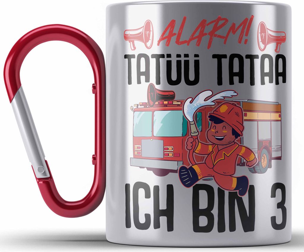 Trendation - 3. Geburtstag Geschenk Jungs Feuerwehr Edelstahl Tasse Karabiner Geschenke Zubehör Lustig Kinder Geburtstag Spruch Ich Bin 3 (Rot)