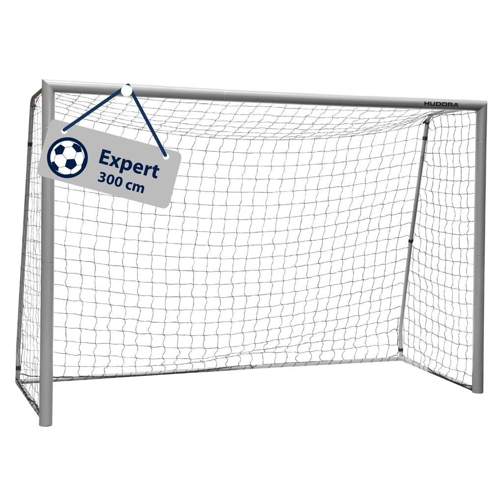 A soccer goal with a tag indicating its model and size.