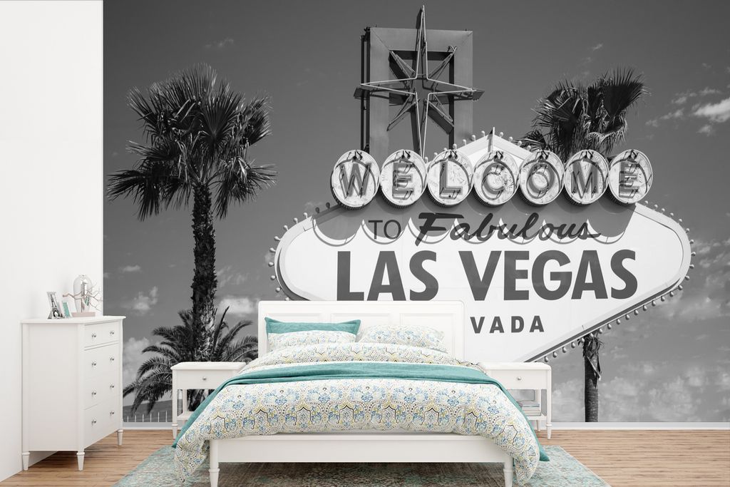 MuchoWow Fototapete für Wohnzimmer oder Schlafzimmer Wandtapete Vinyl Motivtapete Schwarz-weißes Willkommensschild aus Las Vegas - 525x350 cm -...