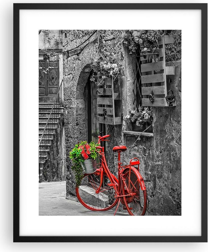 Gerahmtes Poster - Schwarzer Rahmen - Rot Fahrrad Allee - 40x50 cm - Wand Bild - Wanddeko - Wandbilder - Kunstposter - Wandposter - Bilderrahmen - ...