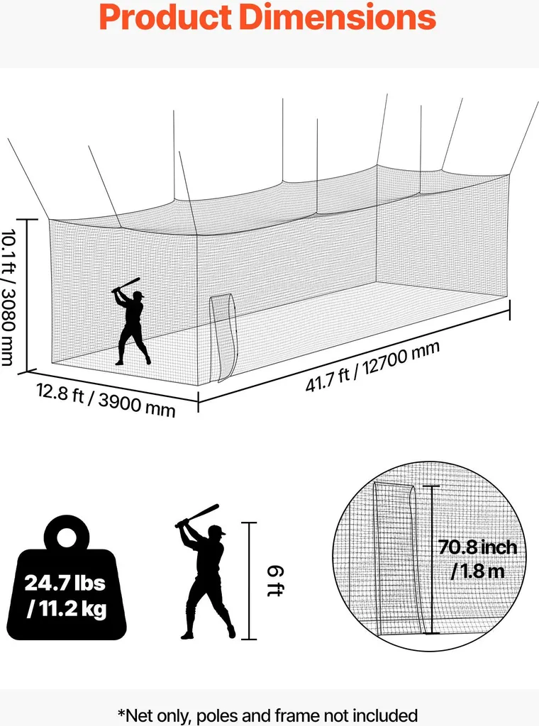 SucceBuy Gabbia da baseball 1270x390x308 cm, gabbia da baseball indipendente e portatile con robusta rete in HDPE a 30 strati e moschettoni, rete da allenamento per uso esterno, interno o in giardino (SOLO RETE) - 2