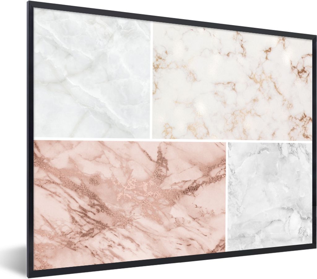 MuchoWow Gerahmtes Poster Marmor - Weiß - Rosa 40x30 cm - Poster mit Schwarzem Bilderrahmen Wandposter Rahmen Foto Bilder - Kunstposter - Wandde...