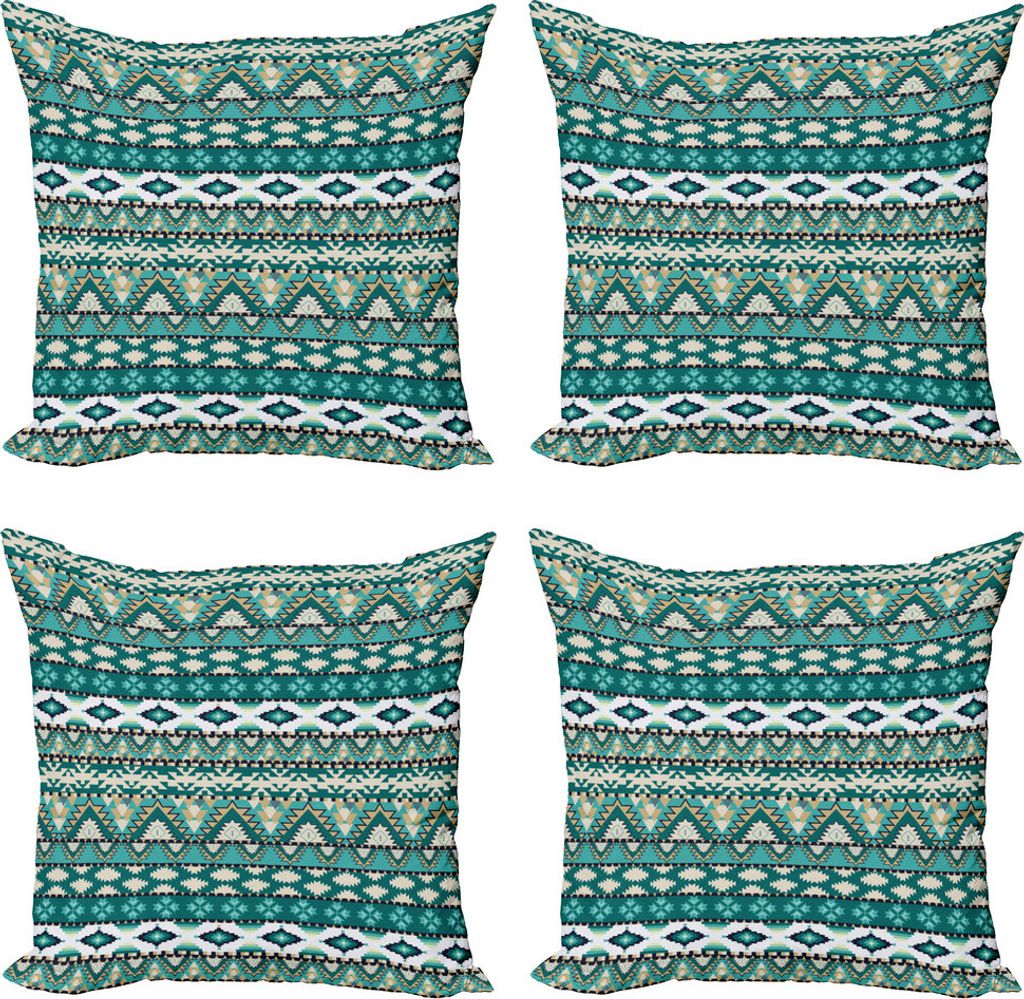 ABAKUHAUS Ethnisch Kissenbezug Set (4 Stück), Aztec Entwurf, Moderner Doppelseitiger Digitaldruck, 50 cm x 50 cm, Teal Turquoise Tan