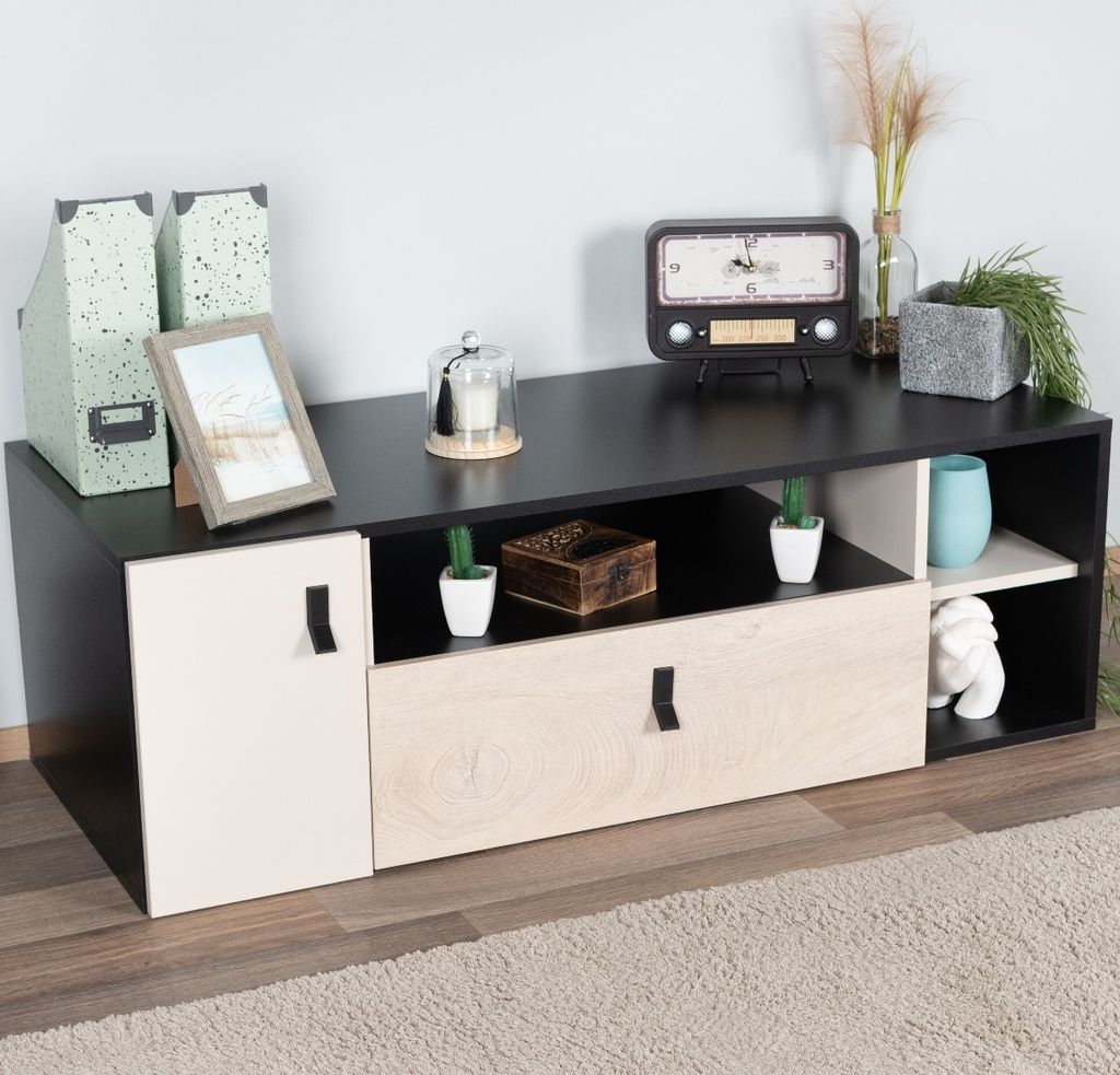 Jugendzimmer - TV-Unterschrank Aalst 10, Farbe: Eiche / Creme / Schwarz - Abmessungen: 40 x 120 x 50 cm (H x B x T)