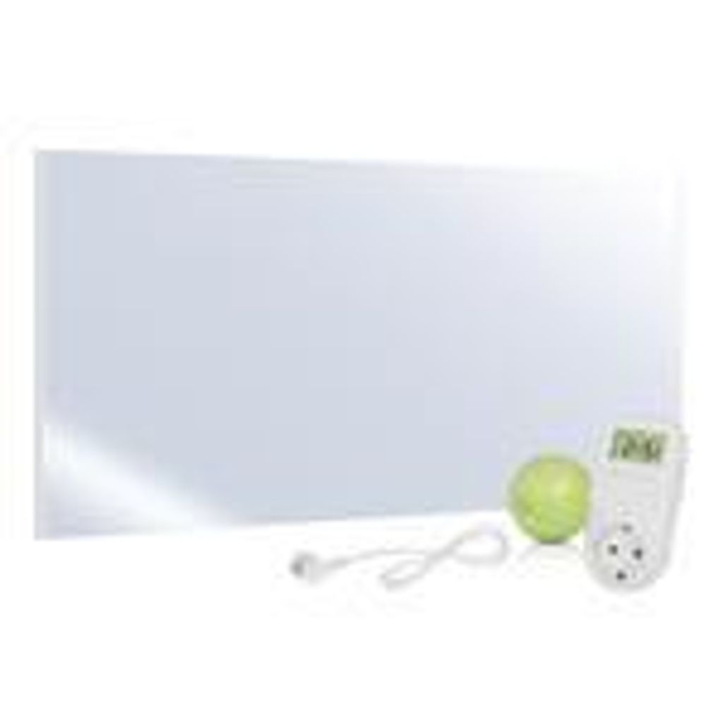 A flat panel heater with a mirror surface, a green ball, and a digital timer.