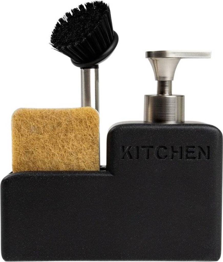 A black kitchen soap dispenser with a brush and sponge holder.