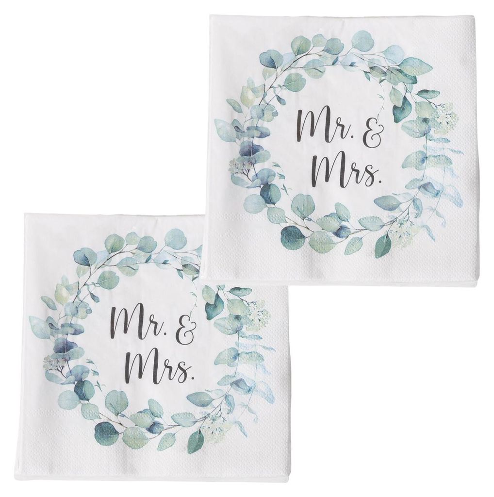 2 x 20 Servietten Hochzeit 'Eukalyptus - Mr. & Mrs.' weiß, Produktbild 