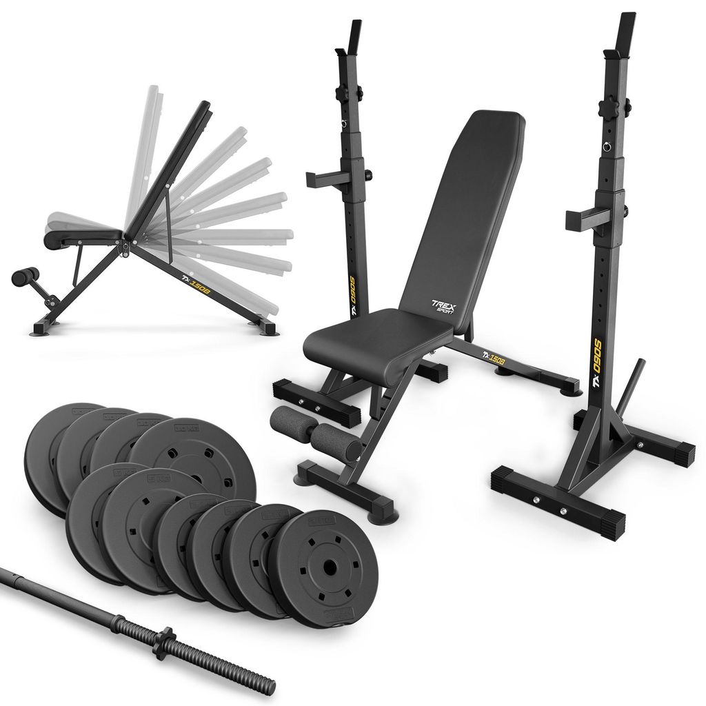 TREX SPORT Hantelbank mit Gewichten Set | Klappbare Trainingsbank, verstellbare Hantelablage, Sicherheitsablage, Bankdrücken | Hantelscheiben 66kg