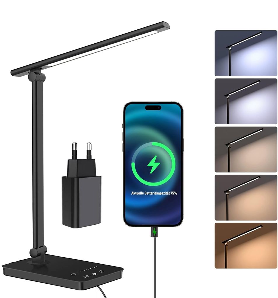LED Dimmbare Tischleuchte 12W Tischlampen, warmes Gelb, gelb, Kaltweiß, Natirliches Licht, Tageslichtweiß, USB-Anschluss