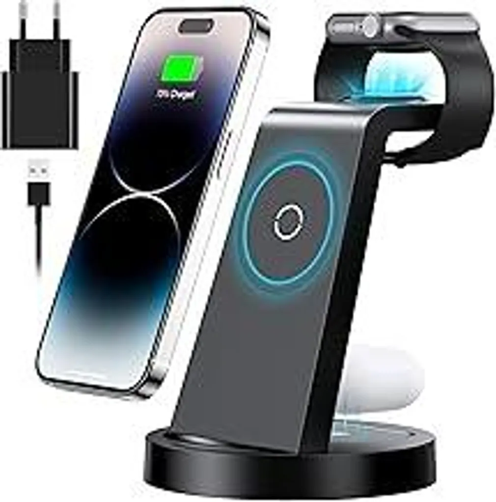 Stazione di ricarica 3 in 1 per iPhone Caricabatteria wireless veloce per Apple - Caricabatteria wireless per iPhone 17 Air 16e 16 15 14 13 12 11 X Pro Max & Apple Watch 11-2 e Air Pods 4 3 2 Pro con adattatore rapido da 18 W