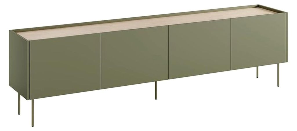 Lowboard für das Wohnzimmer, Fernsehmöbel mit 220 cm Breite in olivgrün und Eiche, 4 Türen, modern, grifflos, Softclose