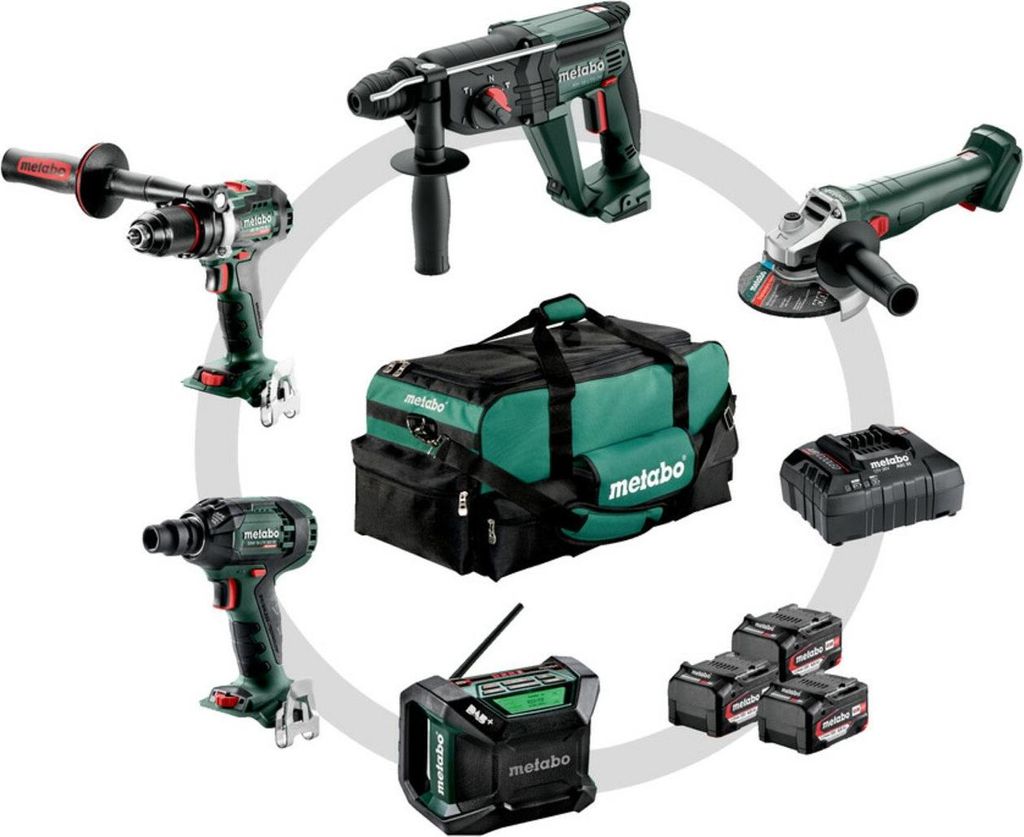 Metabo Akku Combo Set Bauhandwerk 5.2, BS 18 LTX BL + KH 18 LTX 24 + W 18 L 9-125 Quick + SSW 18 LTX 300 BL + R 12-18 DAB BT, Werkzeugtasche
