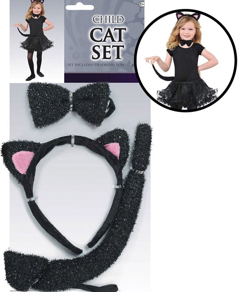 Katzen Kostüm Zubehör-Set schwarz Haarreif Schwanz & Fliege für Kinder Fasching Karneval Mottoparty Tier Tierkostüm Kinderfasching Kindergeburtstag